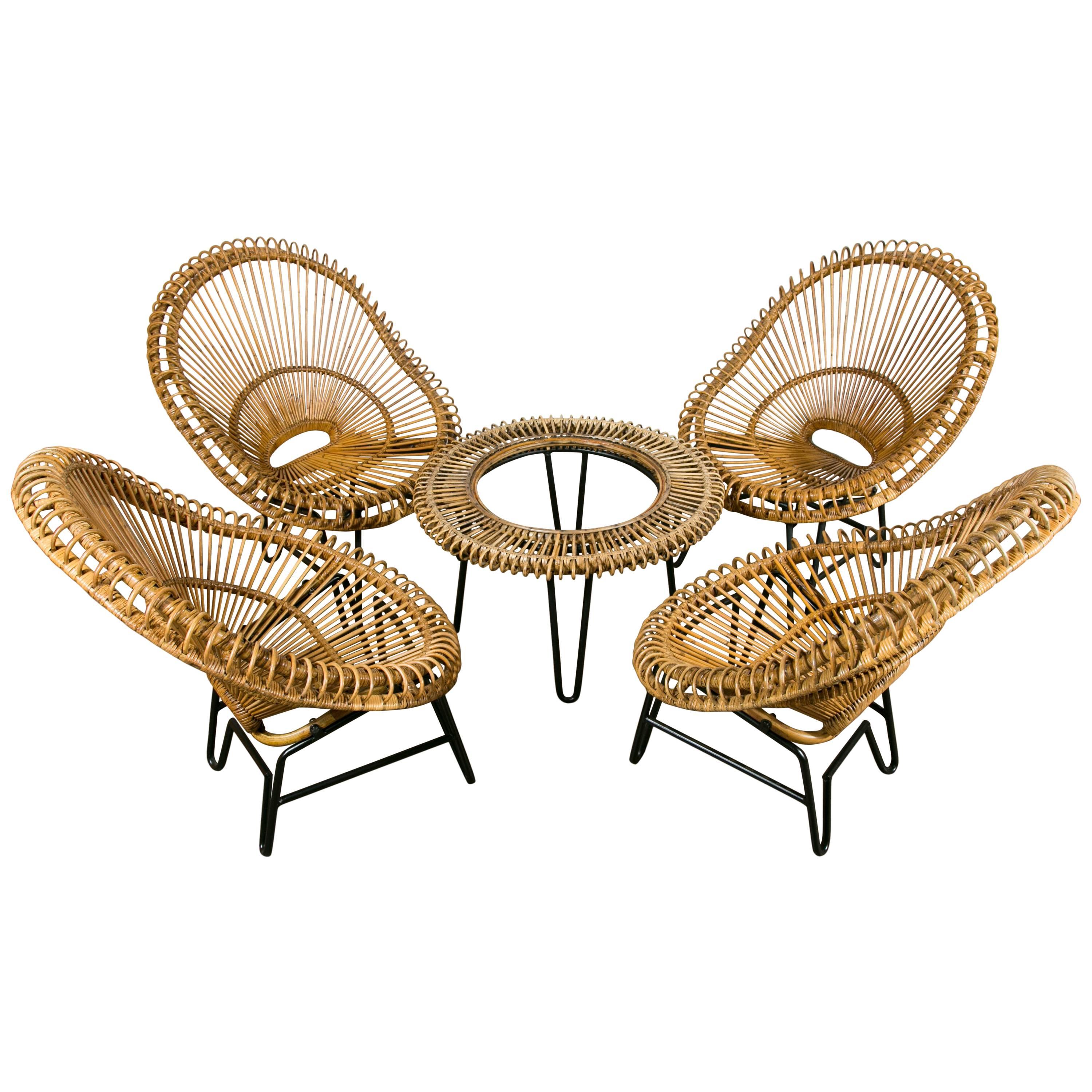 Rattan Set of Scoop Chairs and Table in the Style of Janine Abraham