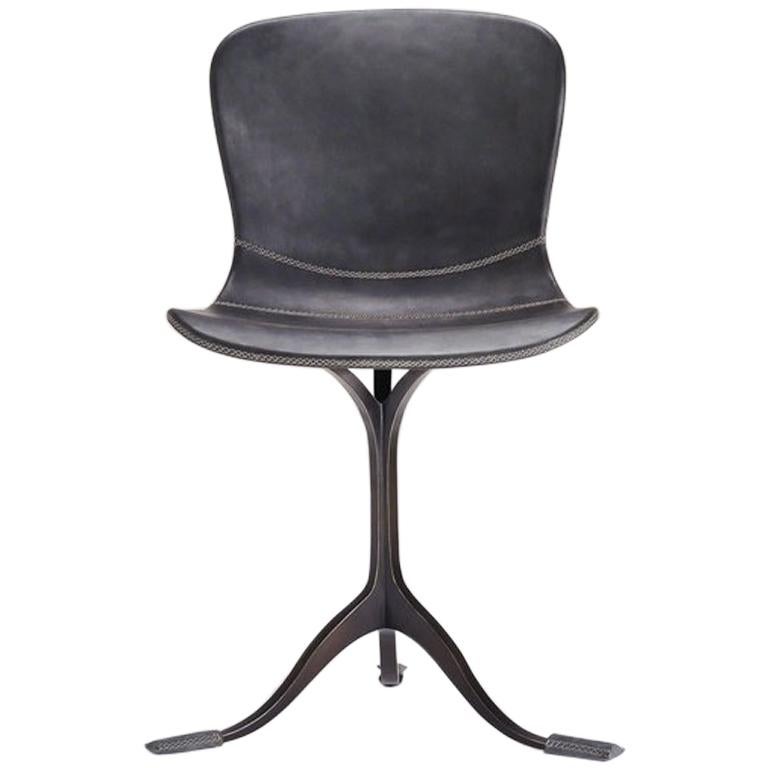 Black Leather and Brown Sand Cast Brass Chair by P. Tendercool