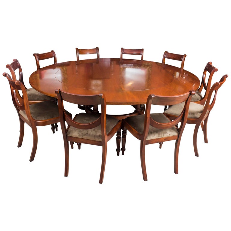 Vintage Mahogany Jupe Dining Table, Leaf Cabinet and Ten Chairs at 1stDibs