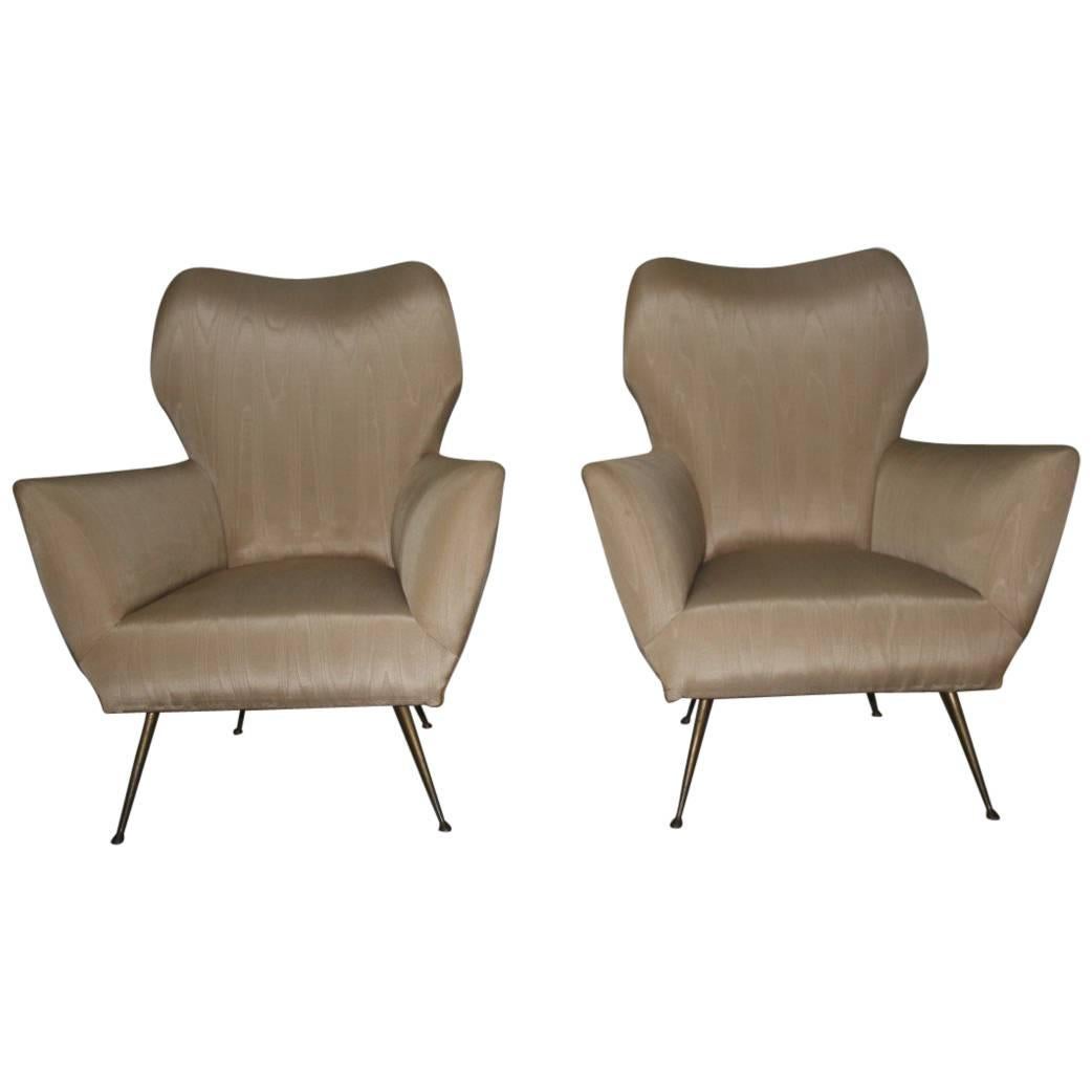 Pair of Italian Design Armchairs with Brass Feet