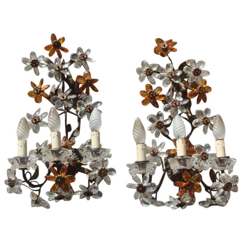 Pair of French Midcentury Crystal Sconces Mid-Century Design