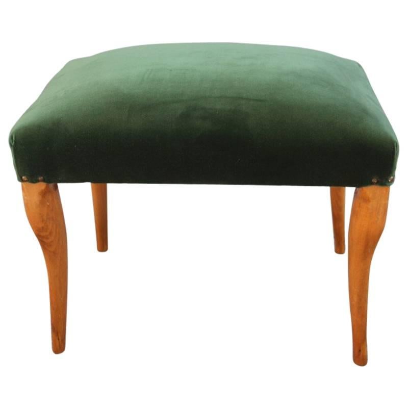 Stool Italian Mid-century Design Green Velvet Maple Wood Rectangular
