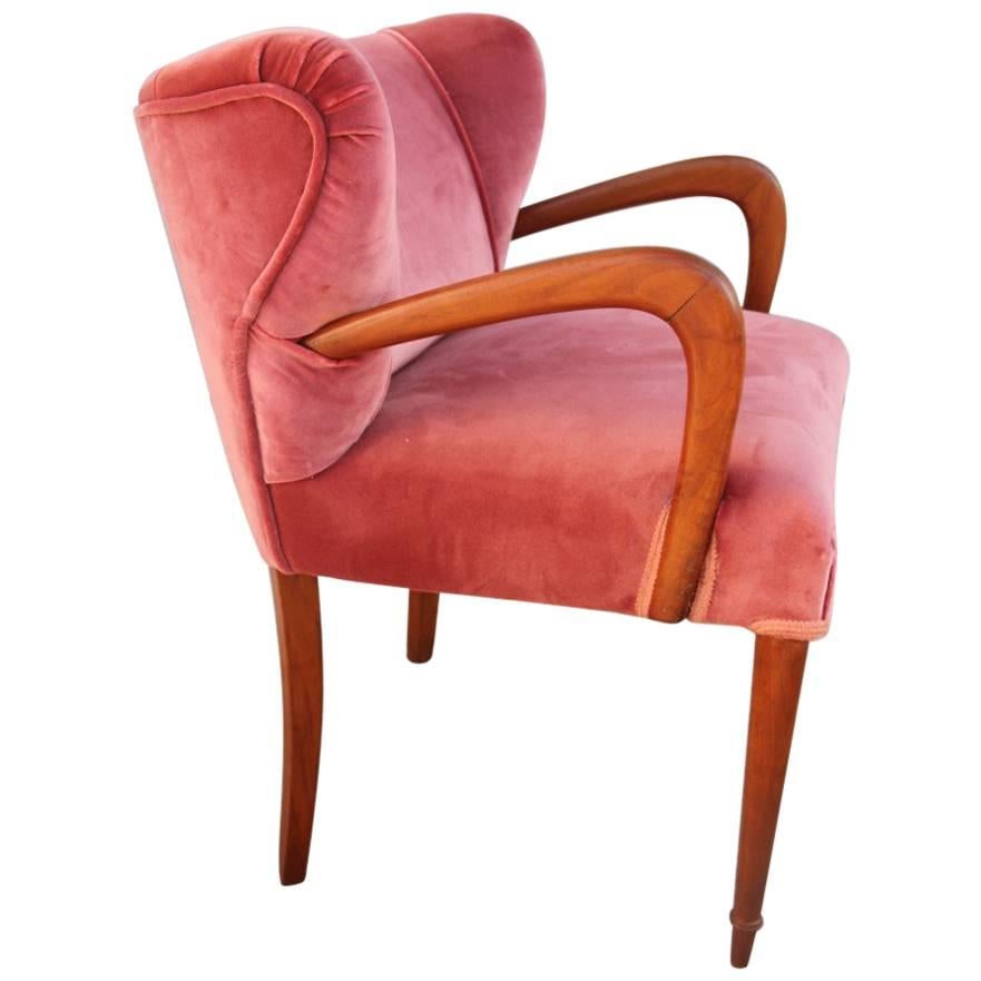 Armchair in Pink Velvet and Italian Design Mahogany Wood
