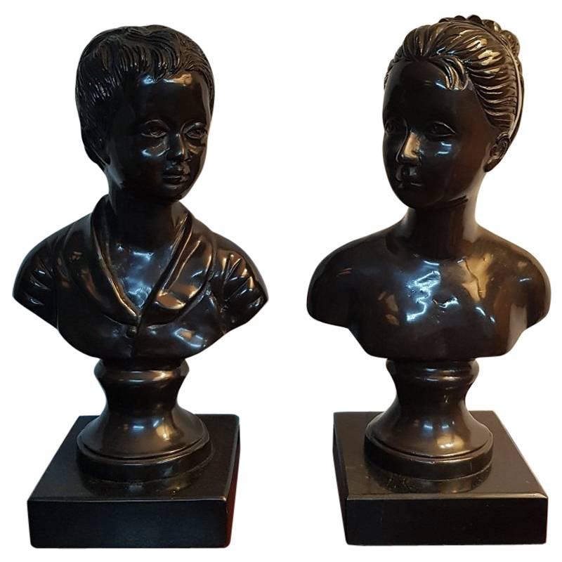 20th Century Bronze Busts of a Boy and a Girl on Black Marble Base For Sale