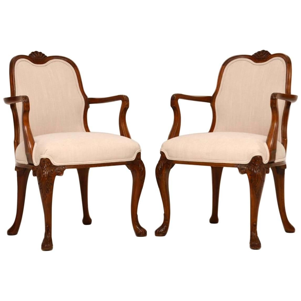 Pair of Antique Carved Walnut Upholstered Armchairs