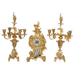 French Antique Gilt Bronze and Champleve Enamel Rococo Style Clock Set