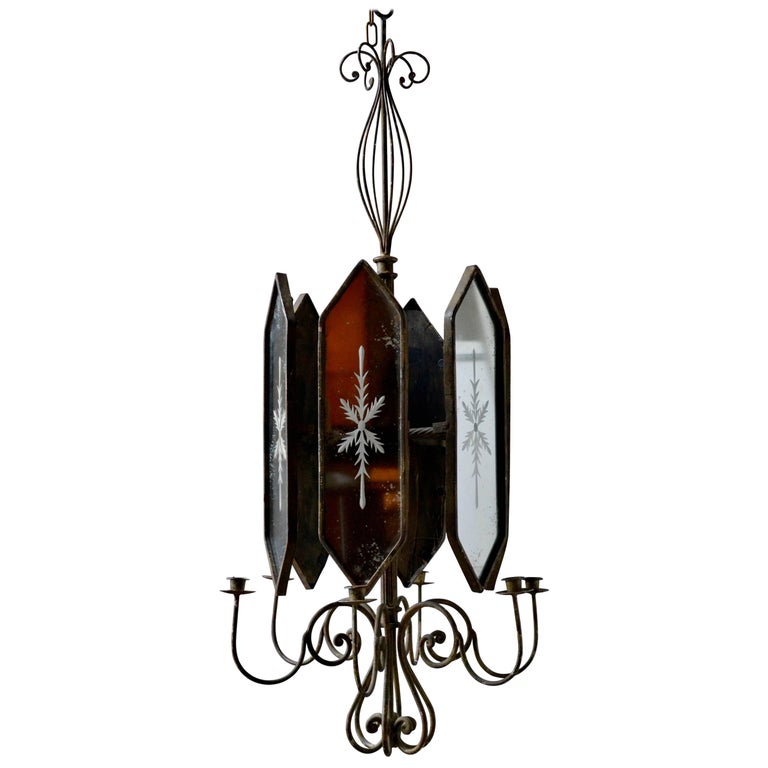 Antique French Six Light Iron Chandelier With Mirrors For At Antique French Six Light Iron Chandelier With Mirrors For