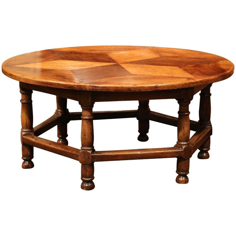 Midcentury French SixLeg Round Coffee Table with Geometric Parquet Top