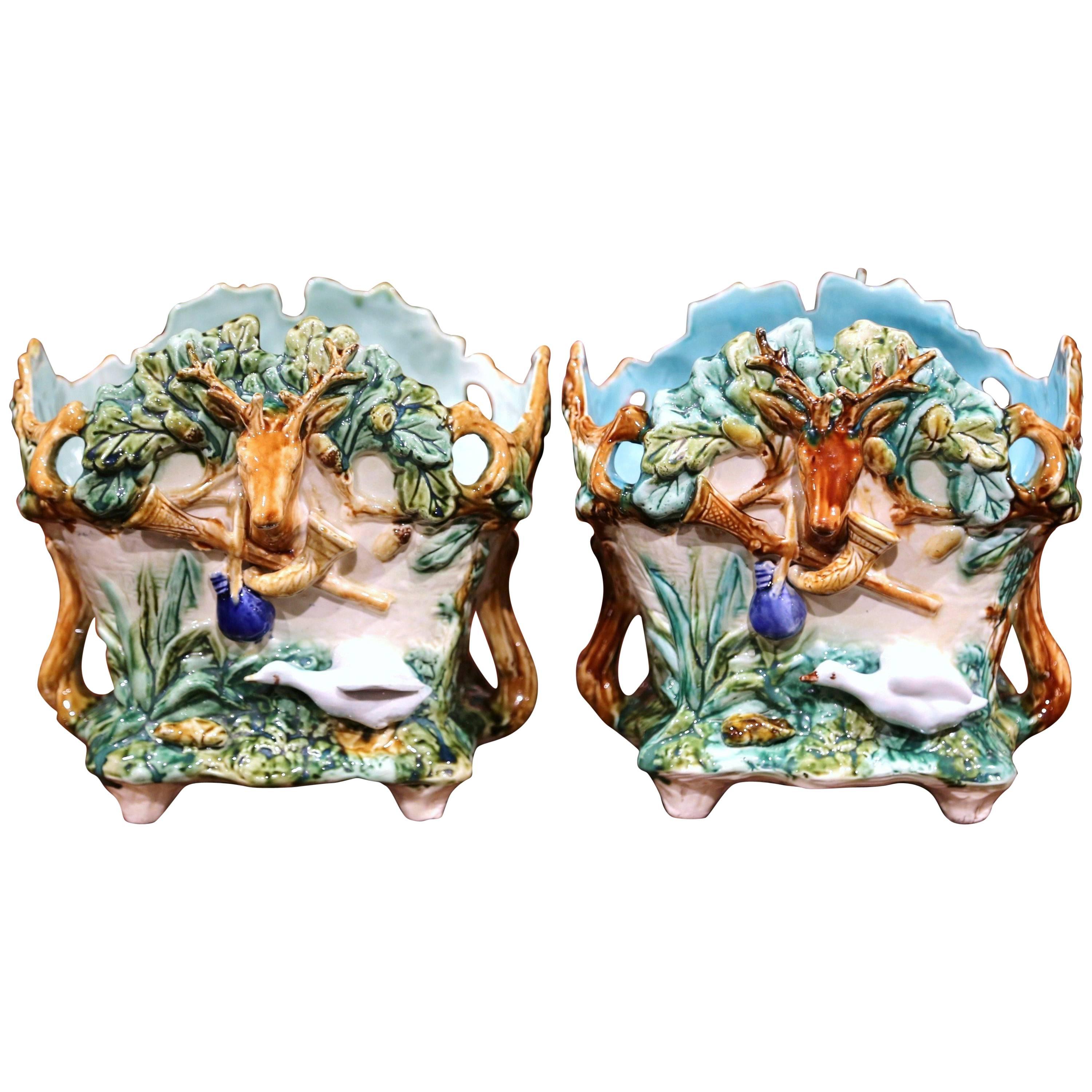 Pair of 19th Century French Barbotine Cachepots with Hunting Ornaments