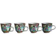 Four Chinese Export Porcelain Cups Hand-Painted Rose Medallion, Qing 19th C