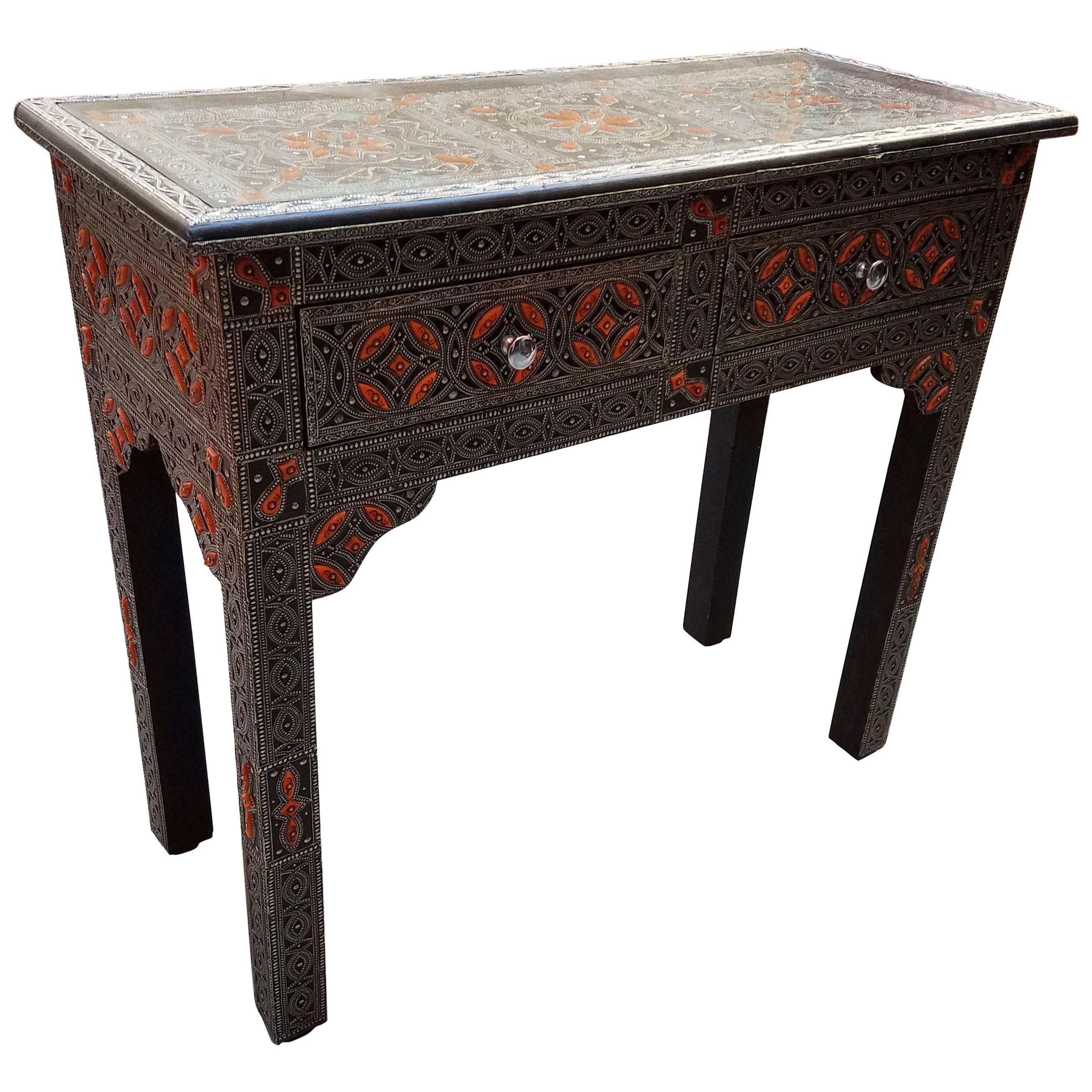 Moroccan Camel Bone and Metal Inlay Console Table Cedar Wood Frame For Sale