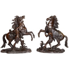 Large Pair of 19th Century Bronze Marly Horses, after Coustou