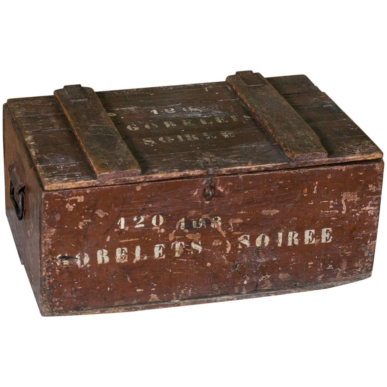 Belgian Stenciled Lidded Wooden Trunk with Hand-Blown Glasses, circa 1915