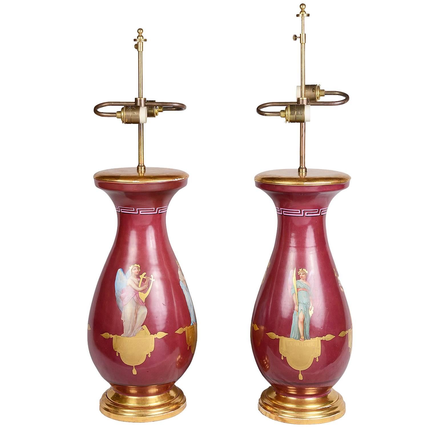 Pair of Paris Porcelain 19th Century Vases or Lamps For Sale
