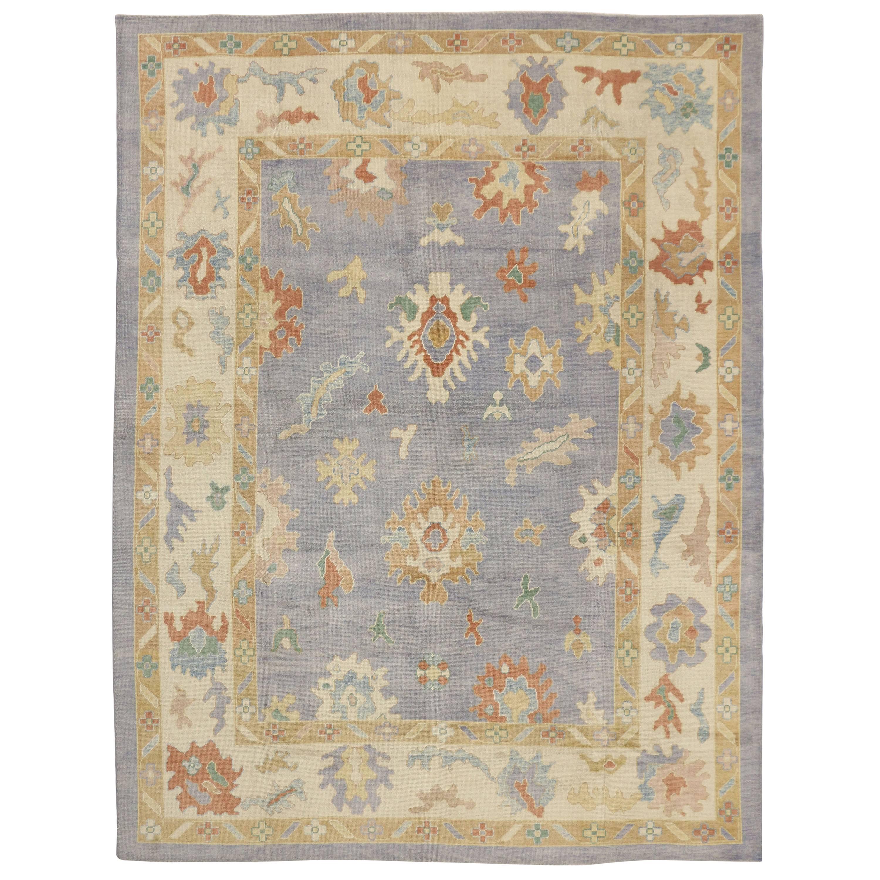 Contemporary Turkish Oushak Rug with Pastel Colors and Tribal Boho Chic