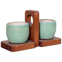 Keramos Ceramic Mugs and Oak Tray, France, 1950s
