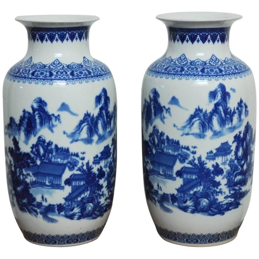 Pair of Large Chinese Export Blue and White Porcelain Vases