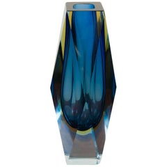 1960s Murano Sommerso Faceted Blue and Amber Glass Vase