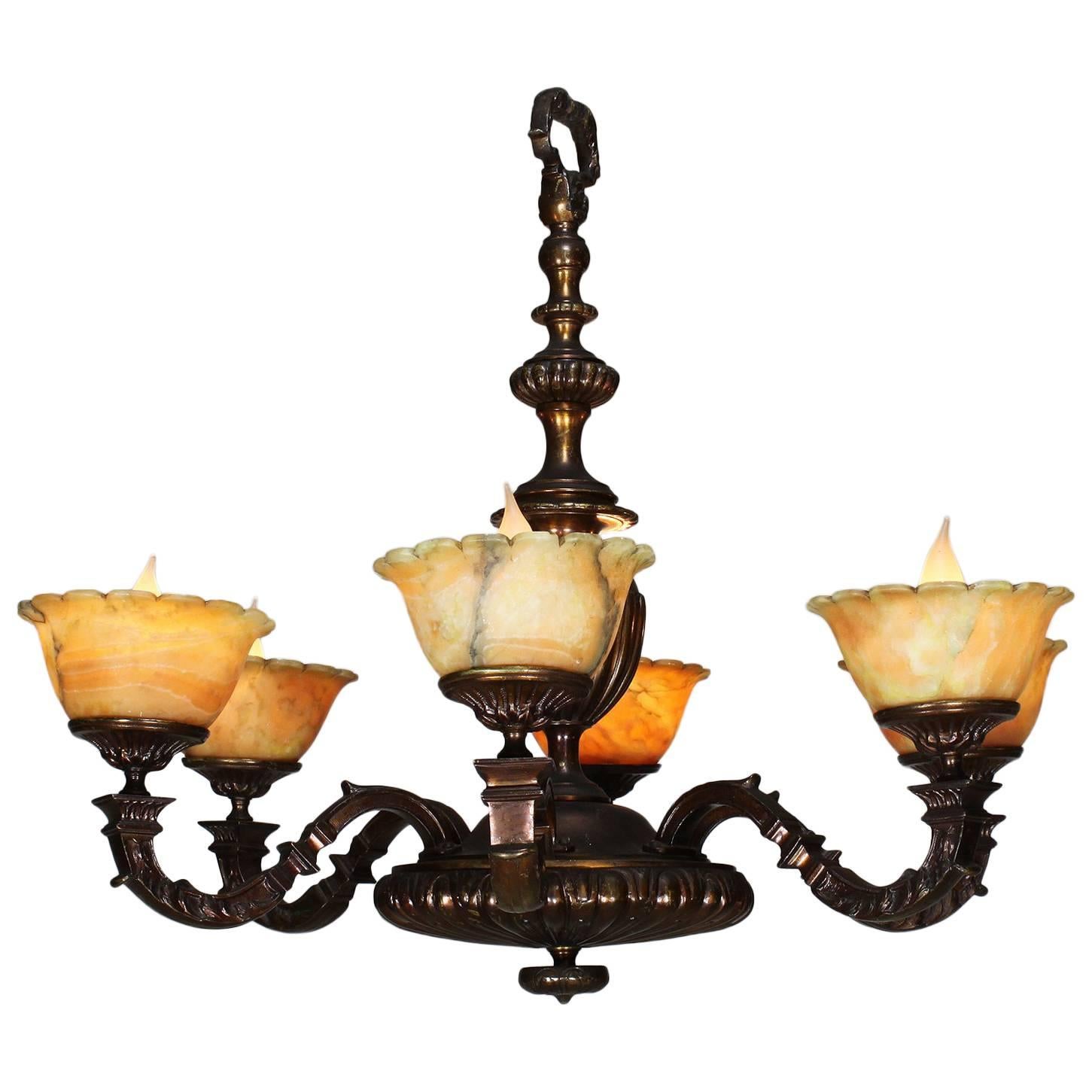 Rare French Art-Deco Patinated Bronze and Amber Alabaster Six-Light Chandelier