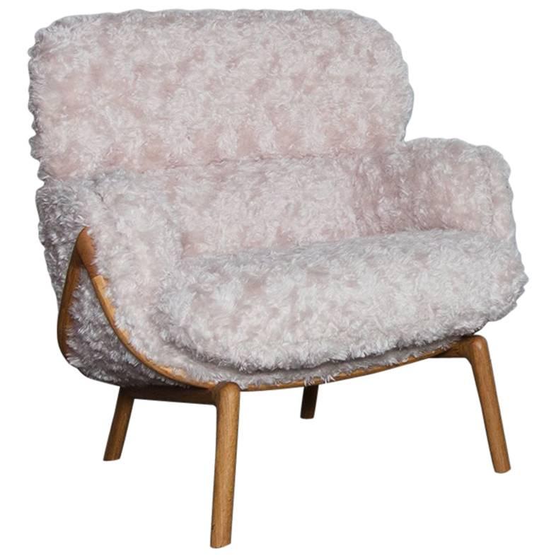 Luca Nichetto De La Espada Elysia Lounge Chair, Pink Argo Fur Danish-Oiled Oak