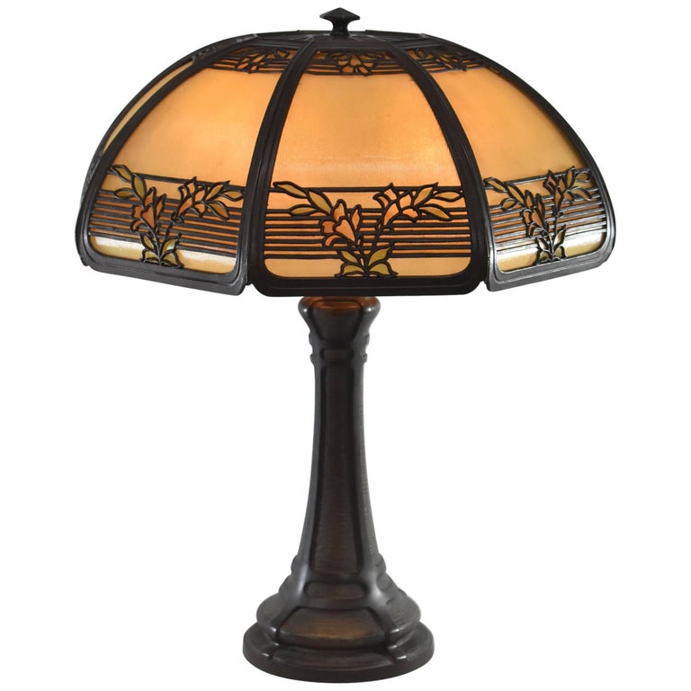 Arts and Crafts Bent Panel Glass Reverse Painted Table Lamp by Bradley