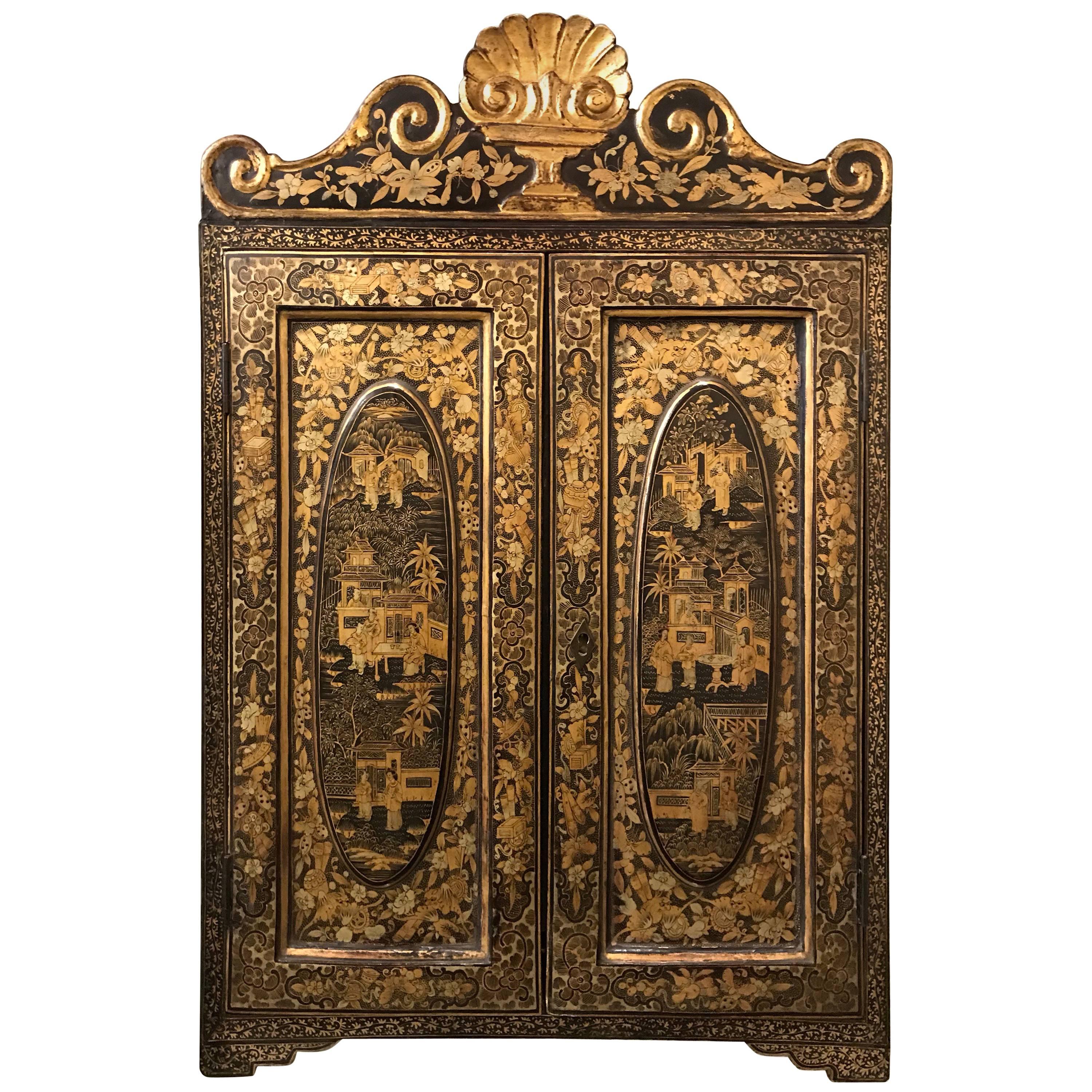 Black and Gold Lacquer Chinese Cabinet For Sale