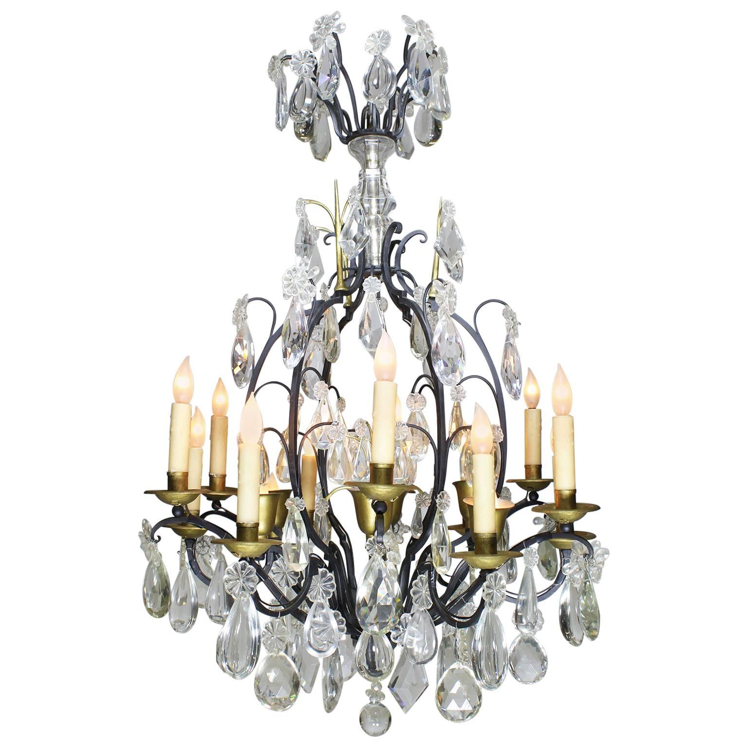 19th-20th Century Louis XV Style Wrought Iron Eighteen-Light Crystal Chandelier For Sale