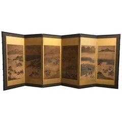 Six-Fold Japanese Screen with Samurai