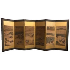 Six-Fold Japanese Screen with Samurai