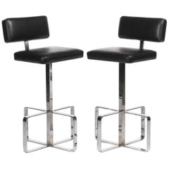Pair of Italian 1970s Leather and Chrome Swivel Barstools