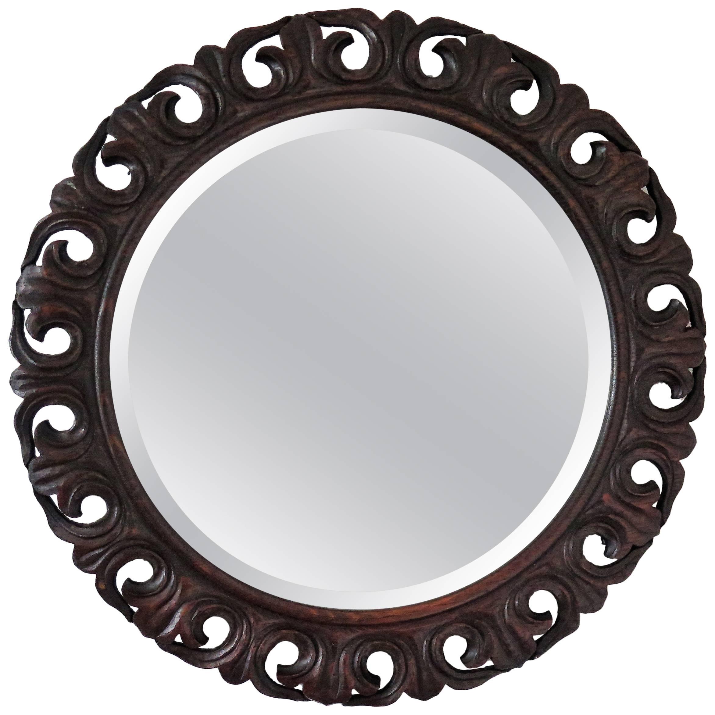 Round Mirror Carved Pierced Oak Frame Jackobean Style Bevel Glass