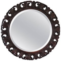 Antique Round Mirror Carved Pierced Oak Frame Jackobean Style Bevel Glass
