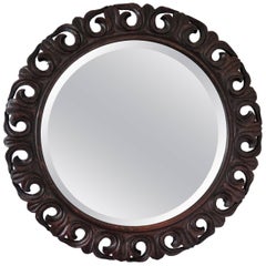 Round Mirror Carved Pierced Oak Frame Jackobean Style Bevel Glass