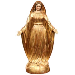 18th Century French Carved Giltwood Virgin Mary Statue Standing on Globe