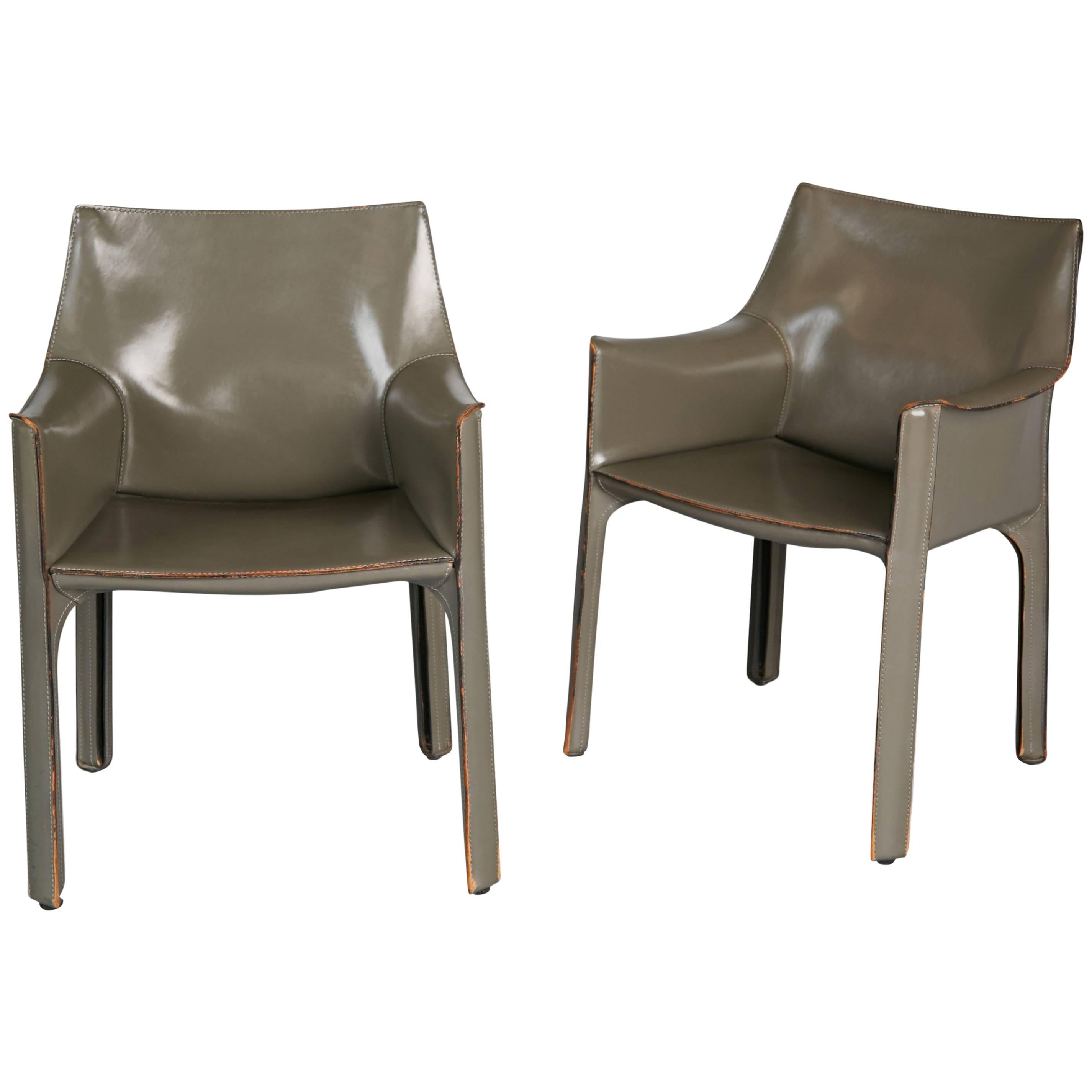 Mario Bellini Pair of Grey Leather Cab Armchairs for Cassina, Italy