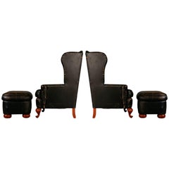 Used Ralph Lauren Pair of Intentionally Distressed Leather Wingback Chairs & Ottoman