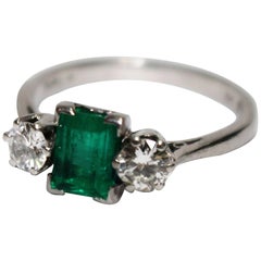 Emerald and Diamond Three-Stone Platinum Ring