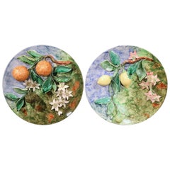 Pair of 19th Century French Hand-Painted Barbotine Wall Plates Stamped Longchamp