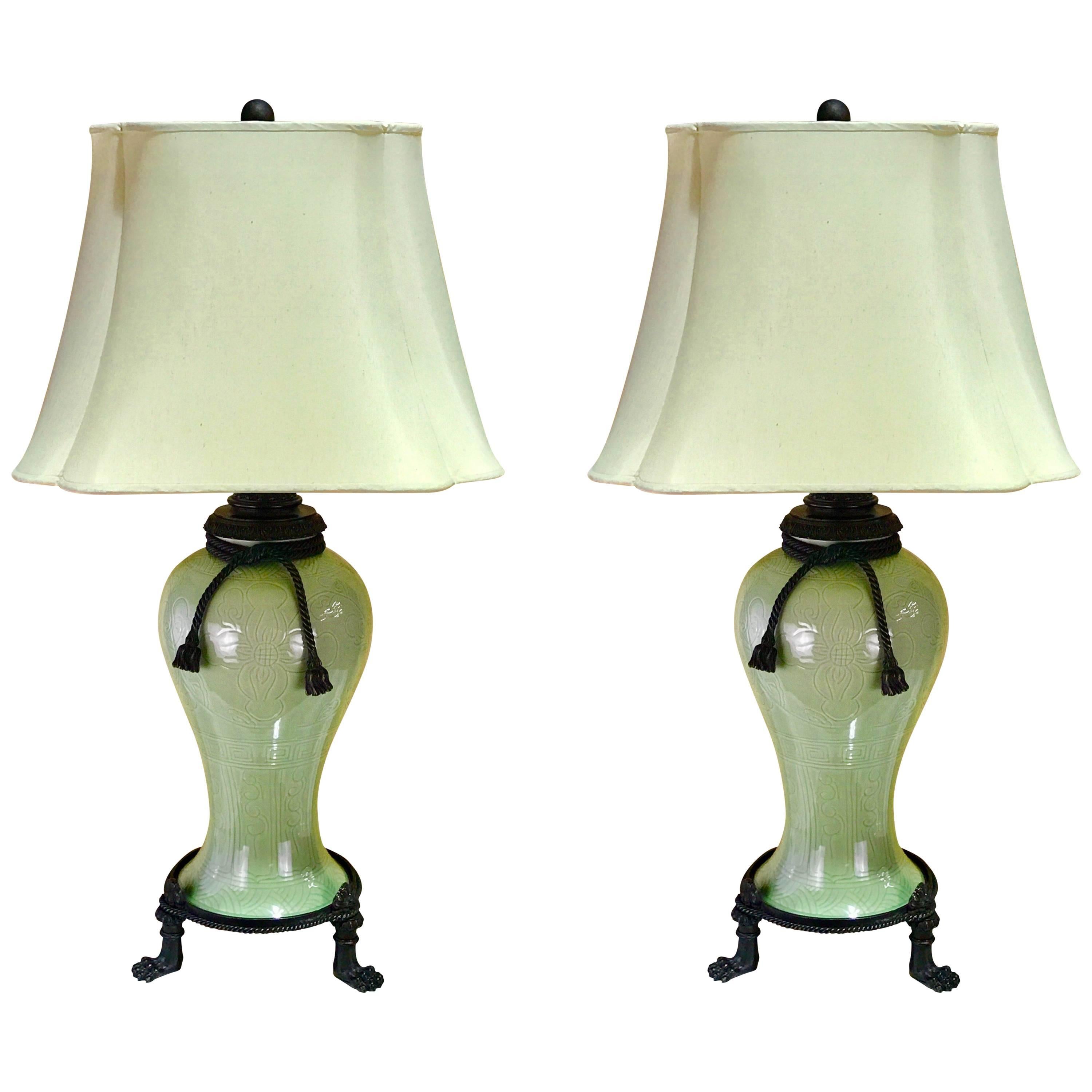 Large Pair of Chinese Celadon Bronze-Mounted Lamps