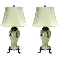Large Pair of Chinese Celadon Bronze-Mounted Lamps