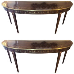 Pair of Monumental Russian Style Boule "Brass" Inlaid Demilune Consoles