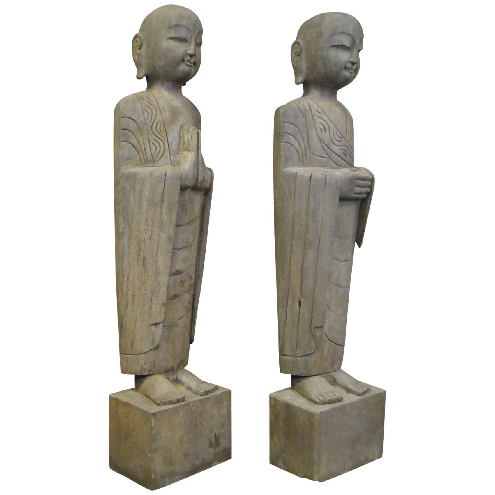 Pair of Asian Carved Hard Stone Lohan Figure Sculptures