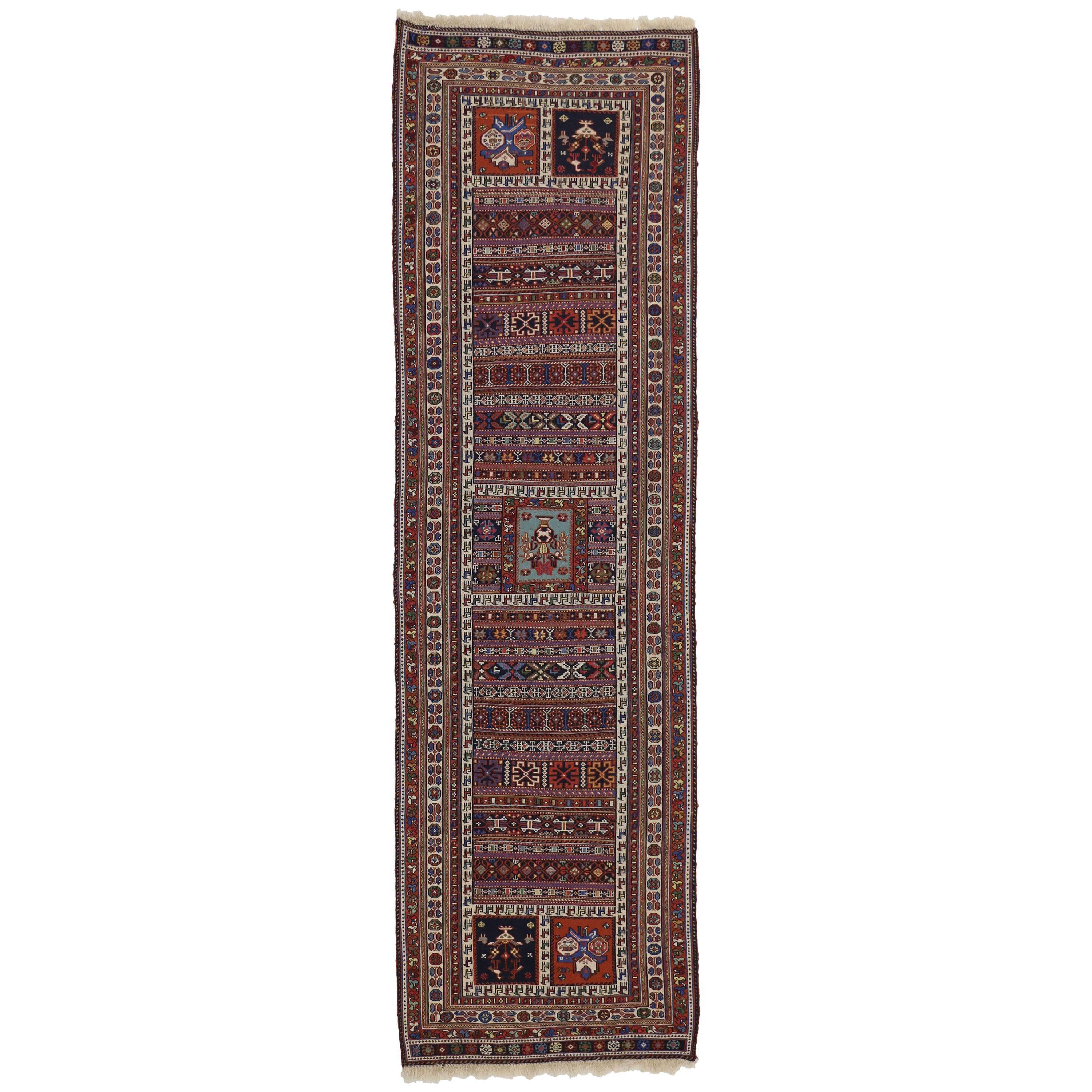 Vintage Soumak Persian Runner with Tribal Style, Flat-Weave Hallway Runner