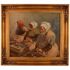 S. C. Bjulf 'Fishermen's Wives, ' Well Listed Danish Artist, Oil on Canvas