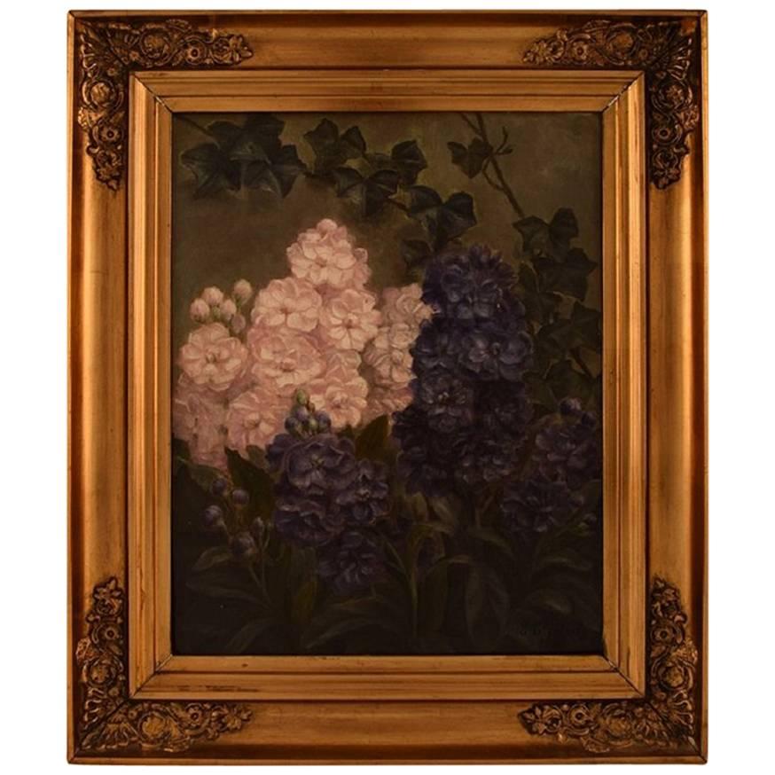 E. C. Ulnitz, Pink and Purple Stocks, Well Listed Danish Artist, Oil on Canvas