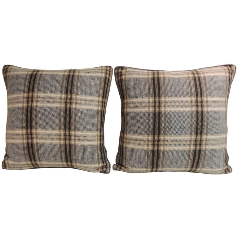 Pair Of Vintage Tartan Plaid Woven Wool Decorative Pillows For