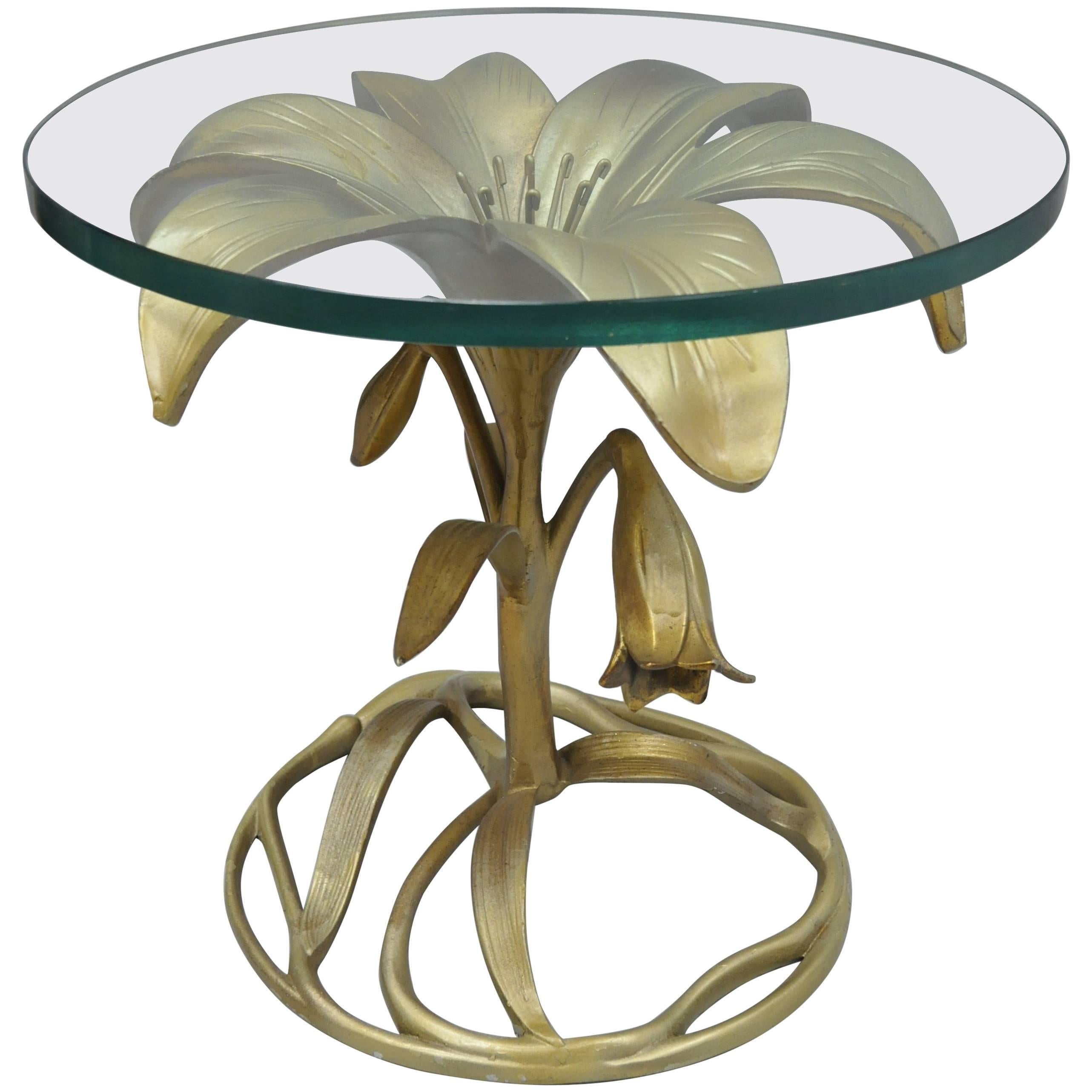 Arthur Court Lily Leaf Gold Flower Side End Table Round Glass Top Cast Aluminum