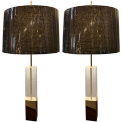 Pair of Mid-Century Modern Brass and Lucite Tall Table Lamps