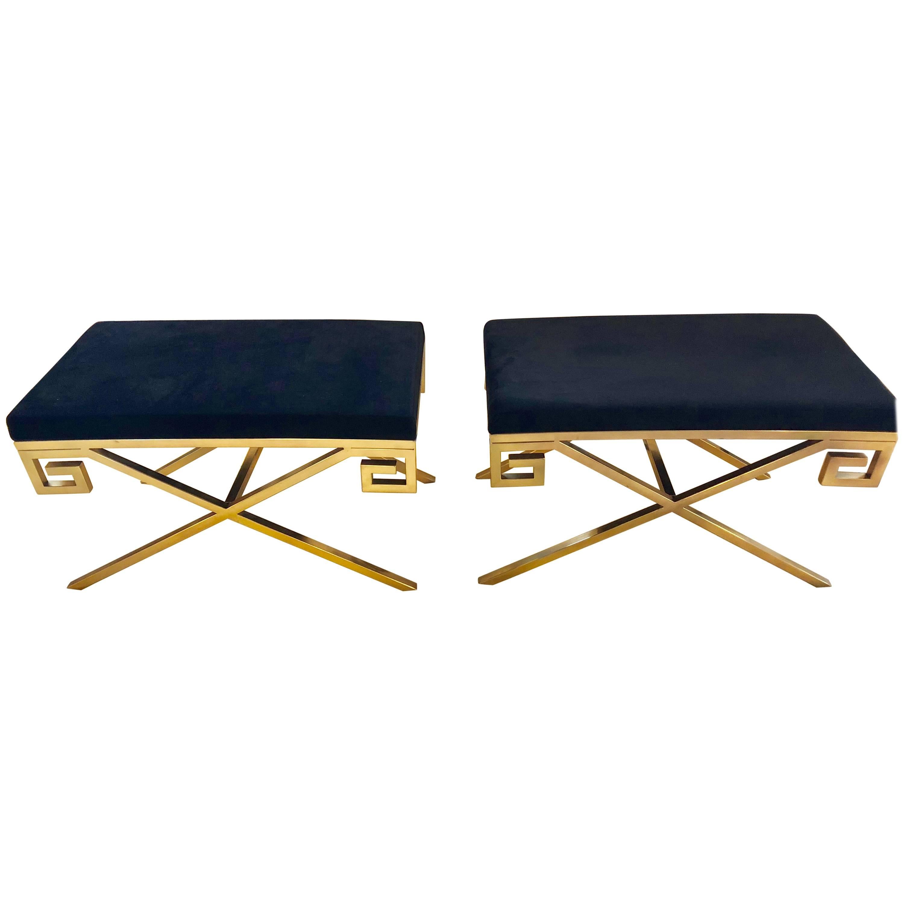 Pair of Gold Tone Metal and Black Contemporary Greek Key Benches or Footstools