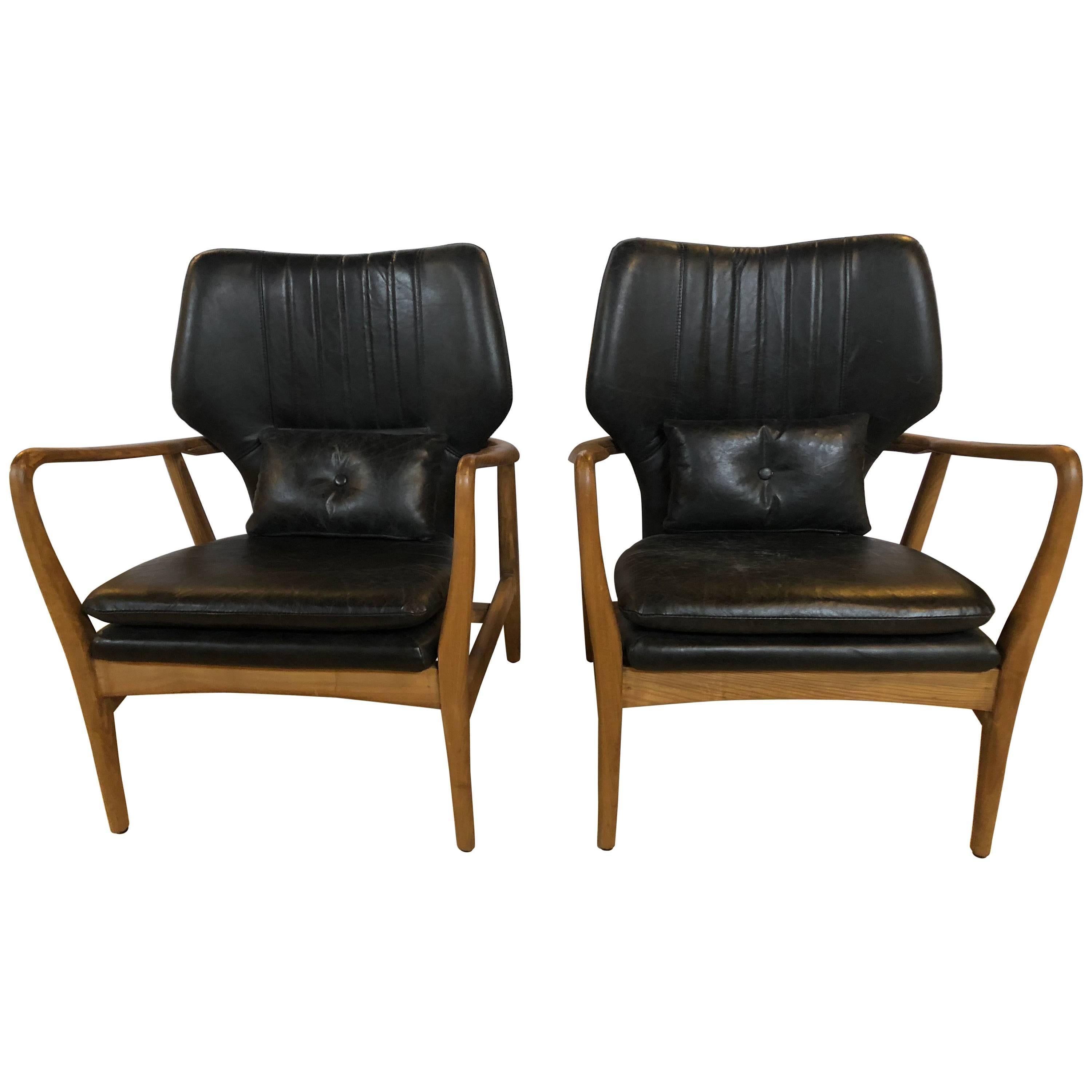 Pair of Mid Century Modern Style Arm Chairs with Black Leather Upholstery